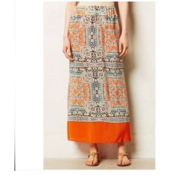 Anthropologie Vanessa Virginia 100% Silk Patterned Maxi Skirt Orange Size XS - Picture 5 of 5
